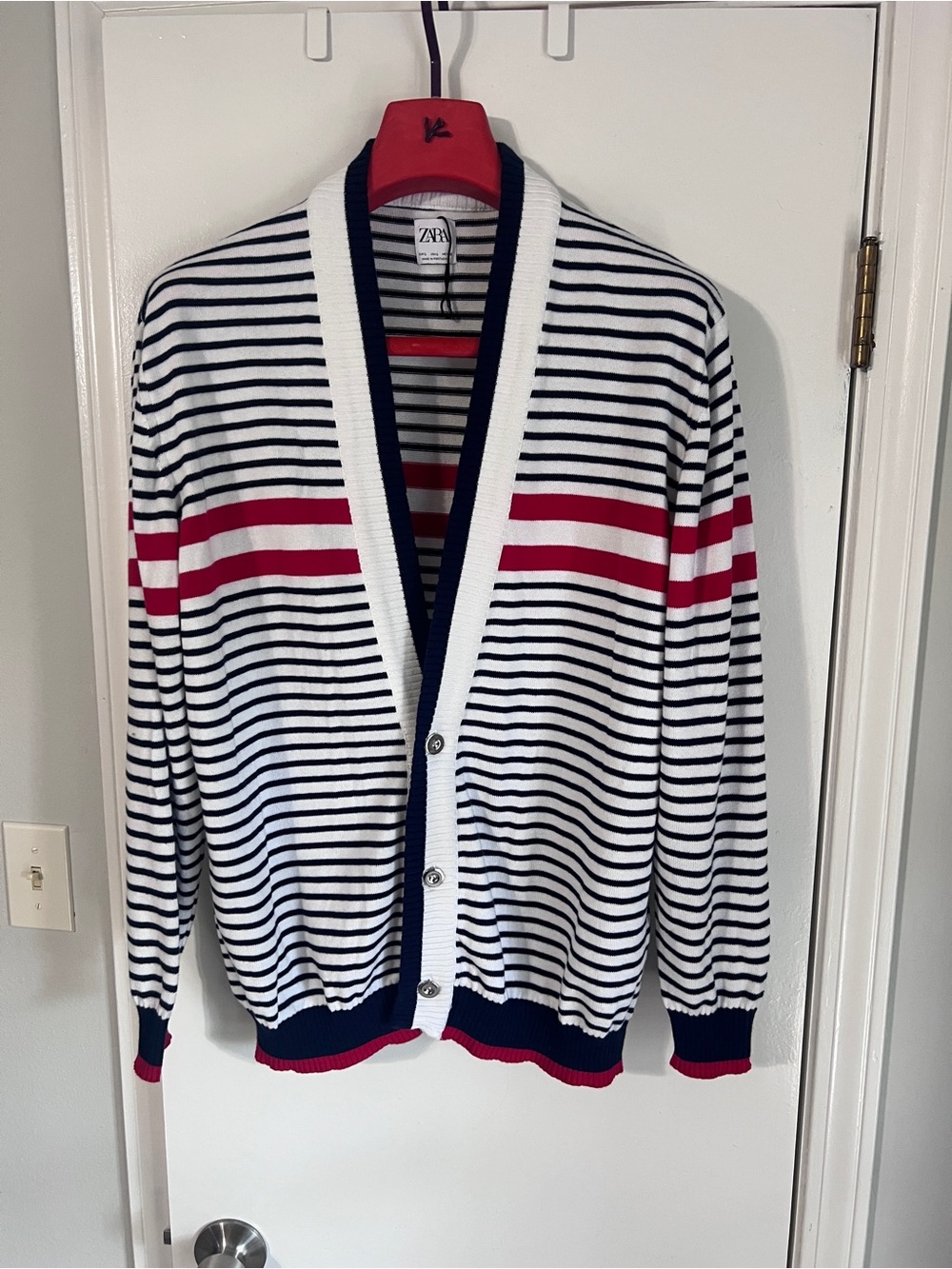 Zara Navy, White & Red Striped Men's Cardigan